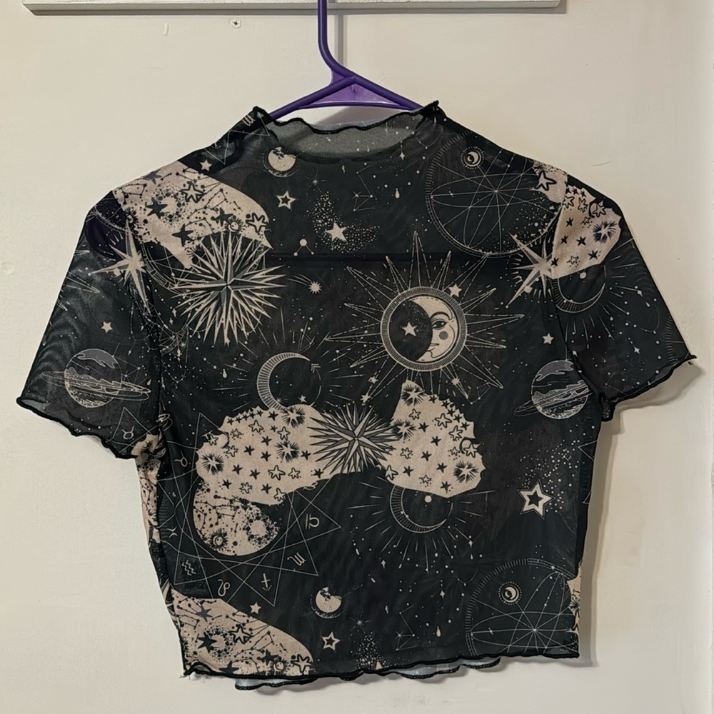 2/$10🌟Celestial moon stars zodiac sheer crop top